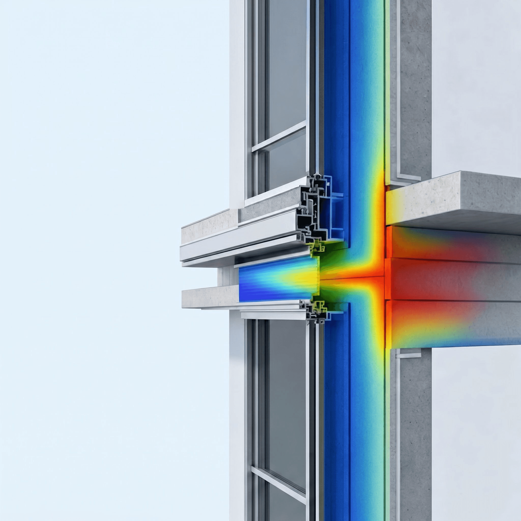 Technical 3D section illustrating a building junction and thermal bridge behaviour