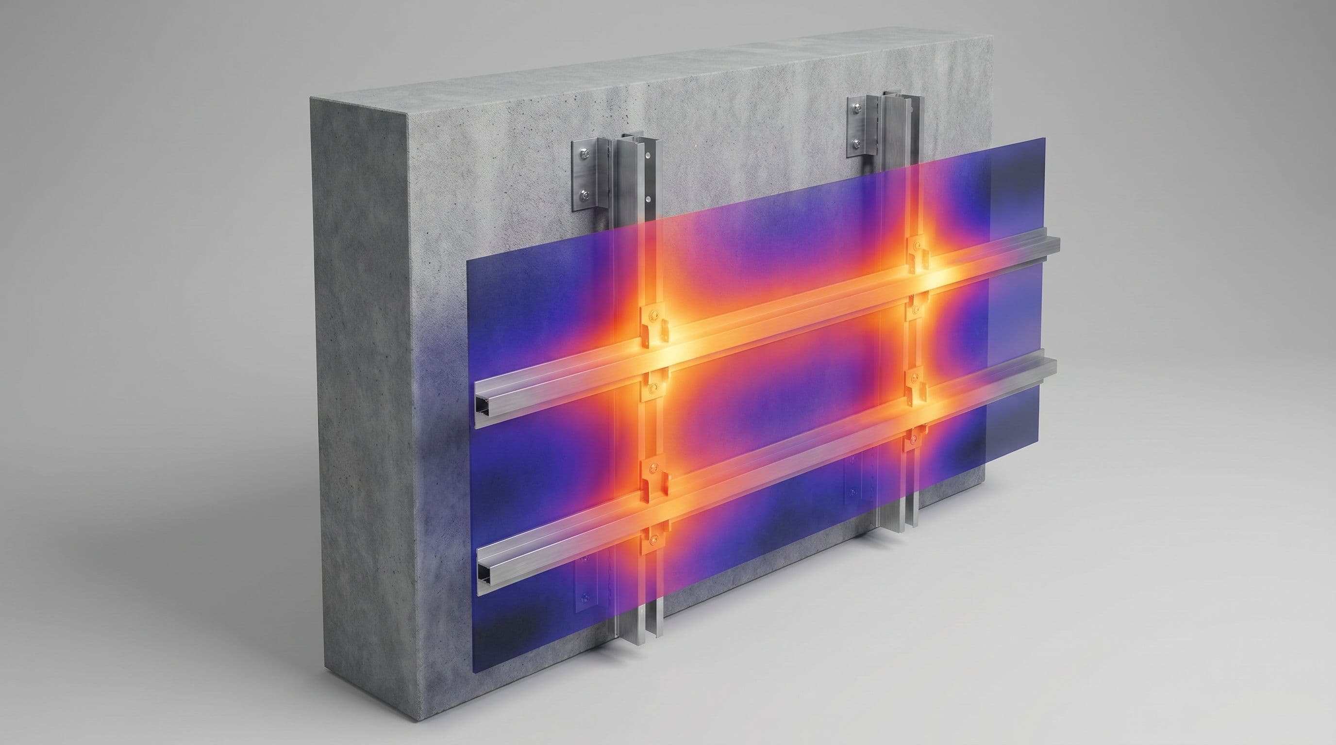 A 3D thermal model of a rainscreen bracket crossing the insulation layer, showing the heat path short-circuiting through the metal