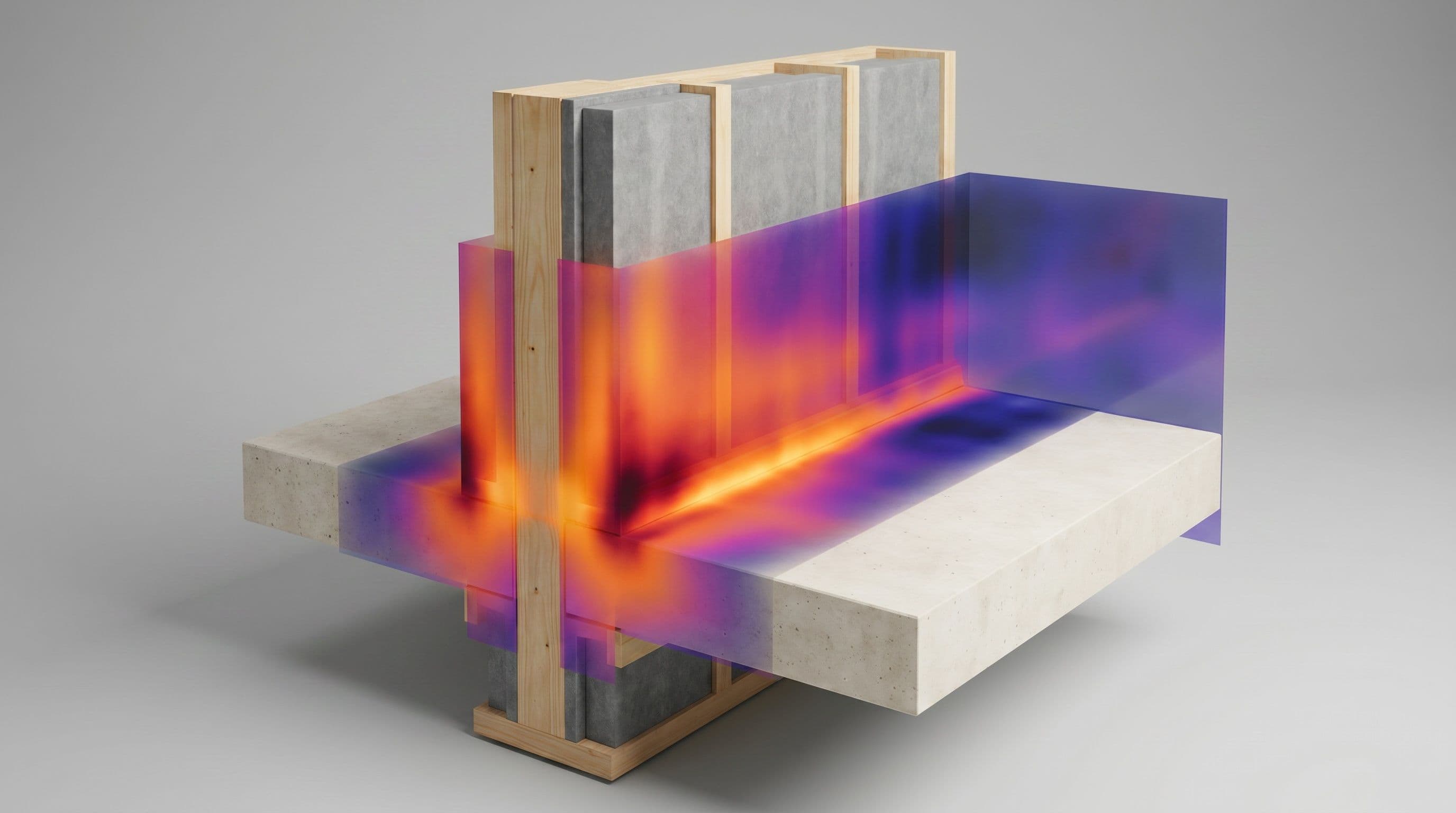 A 3D thermal model of a party wall meeting the ground floor, showing heat escaping through the foundation into the surrounding ground